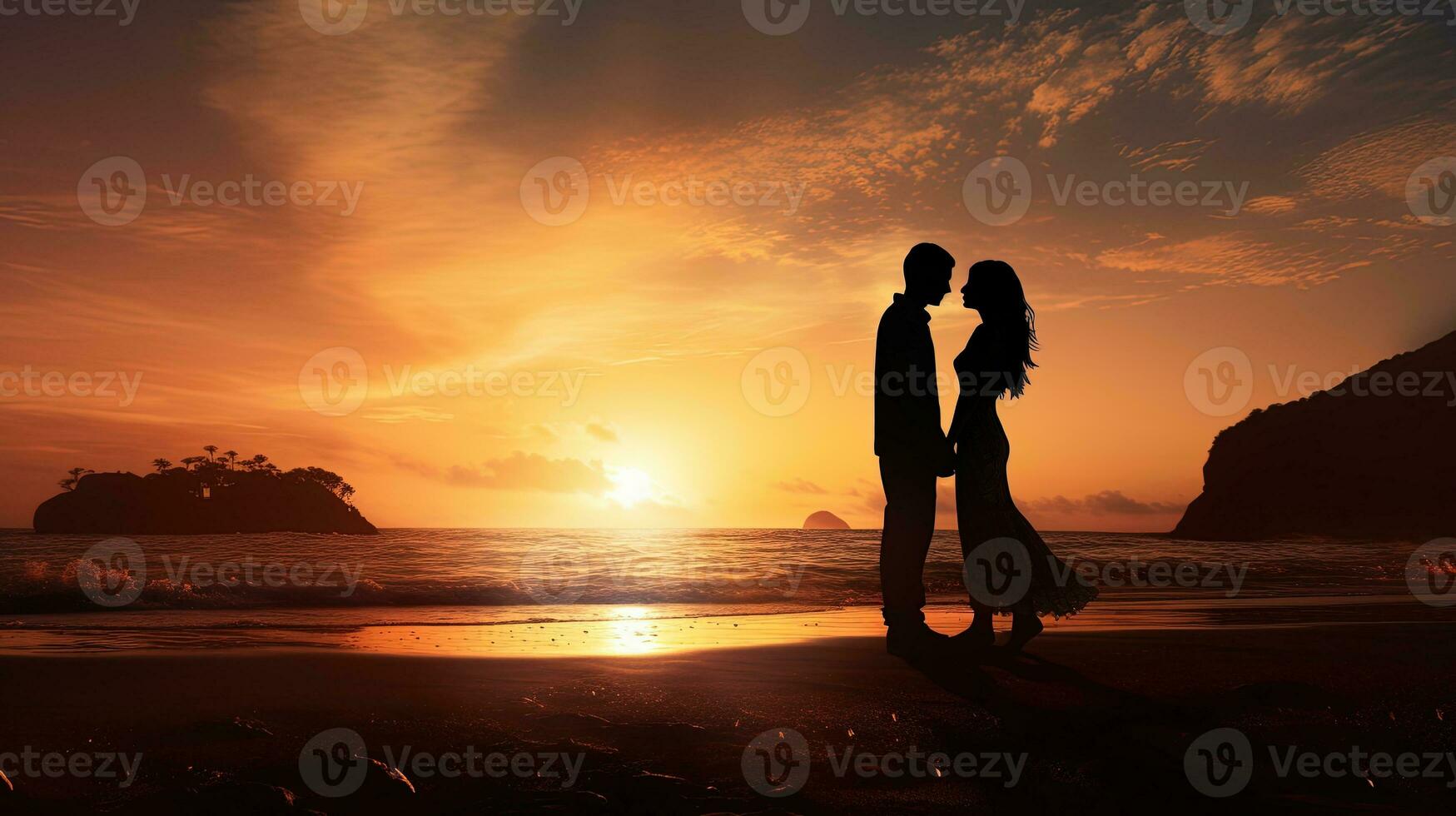 Beach couple at sunrise. silhouette concept photo