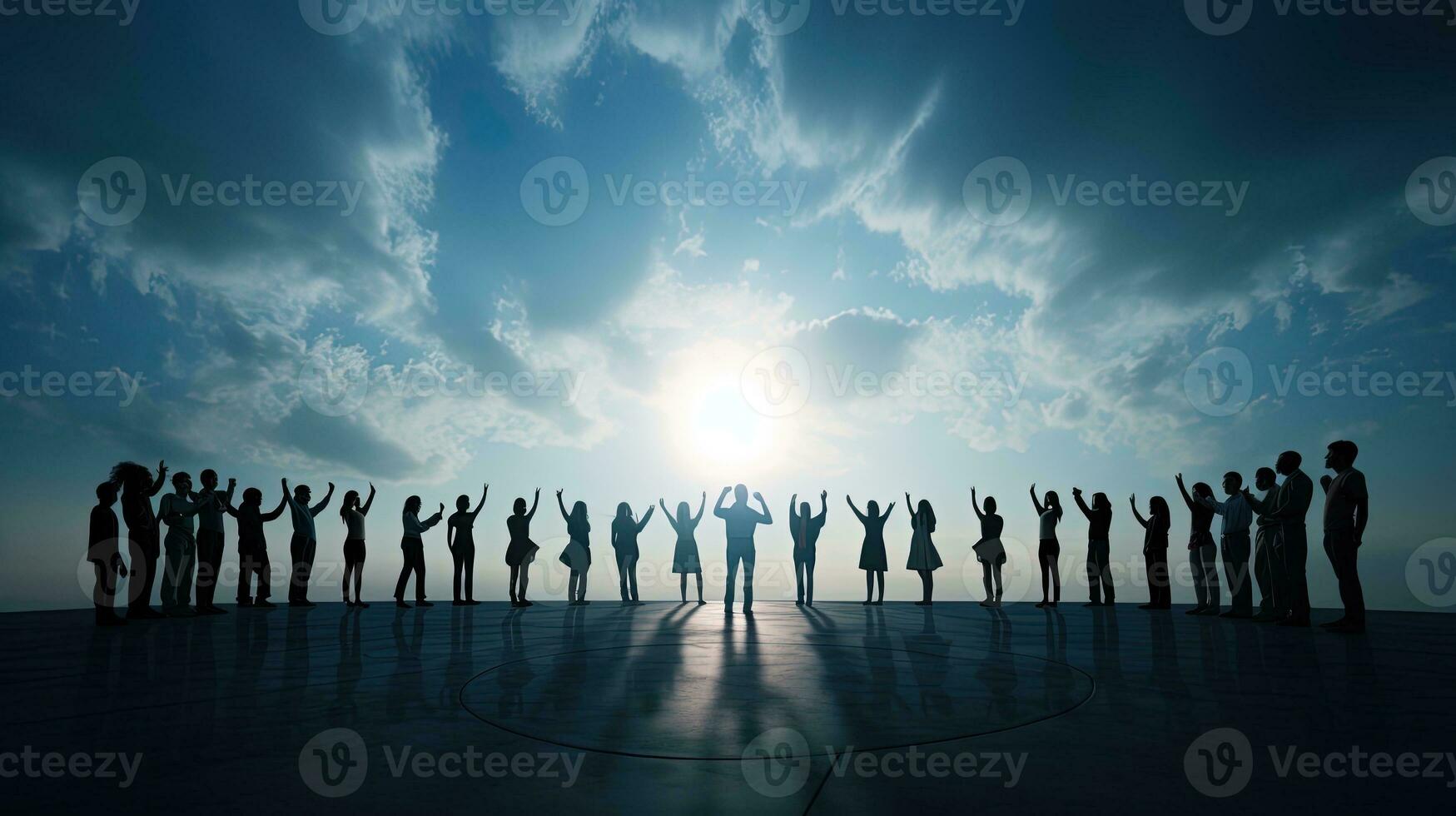 Excited individuals forming a circle shadows. silhouette concept photo