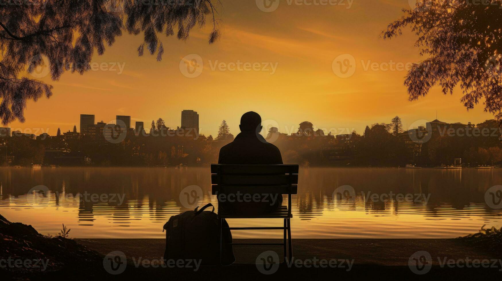 Man sitting on Lake Merritt bench with laptop. silhouette concept photo