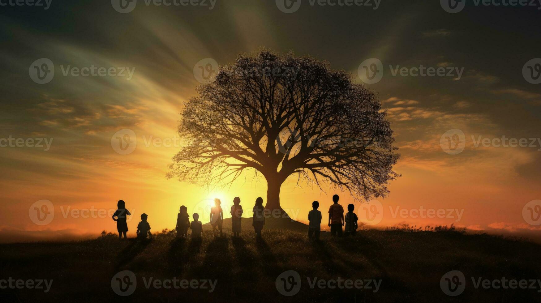 Children under tree on meadow happy silhouettes photo