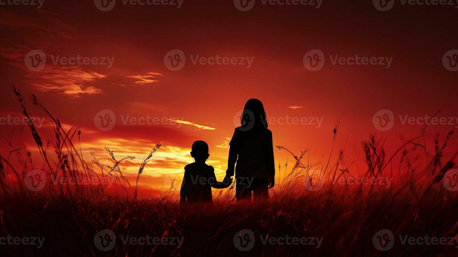 Two kids outlines in front of red sky and grass. silhouette concept photo