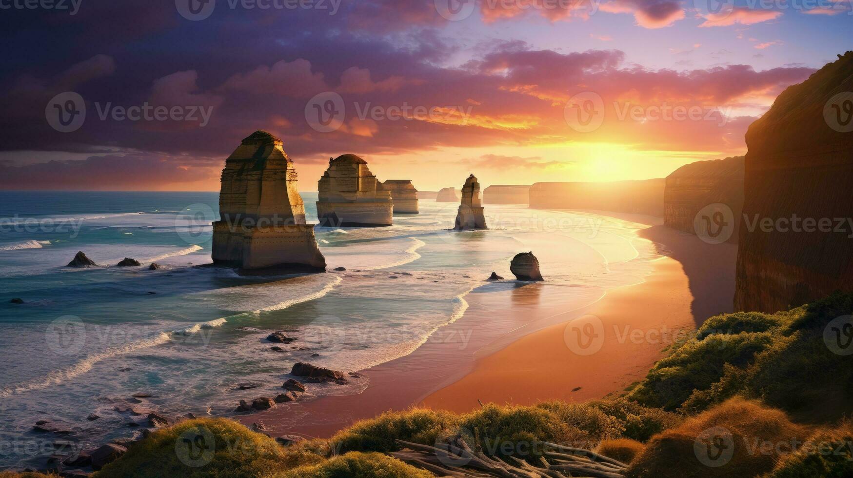 August sunset in Victoria Australia captures magnificent view of Twelve Apostles on Great Ocean Road. silhouette concept photo