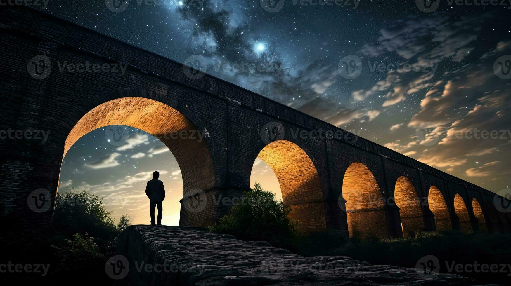 un persona s contorno en un antiguo puente en contra un estrellado cielo y lechoso forma. silueta concepto foto