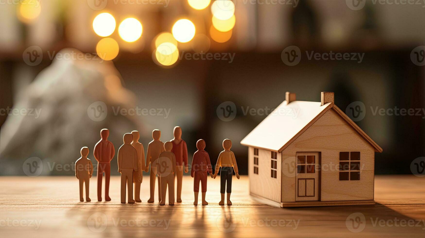 Miniature wooden figurines of family and small house on table in bright room. silhouette concept photo