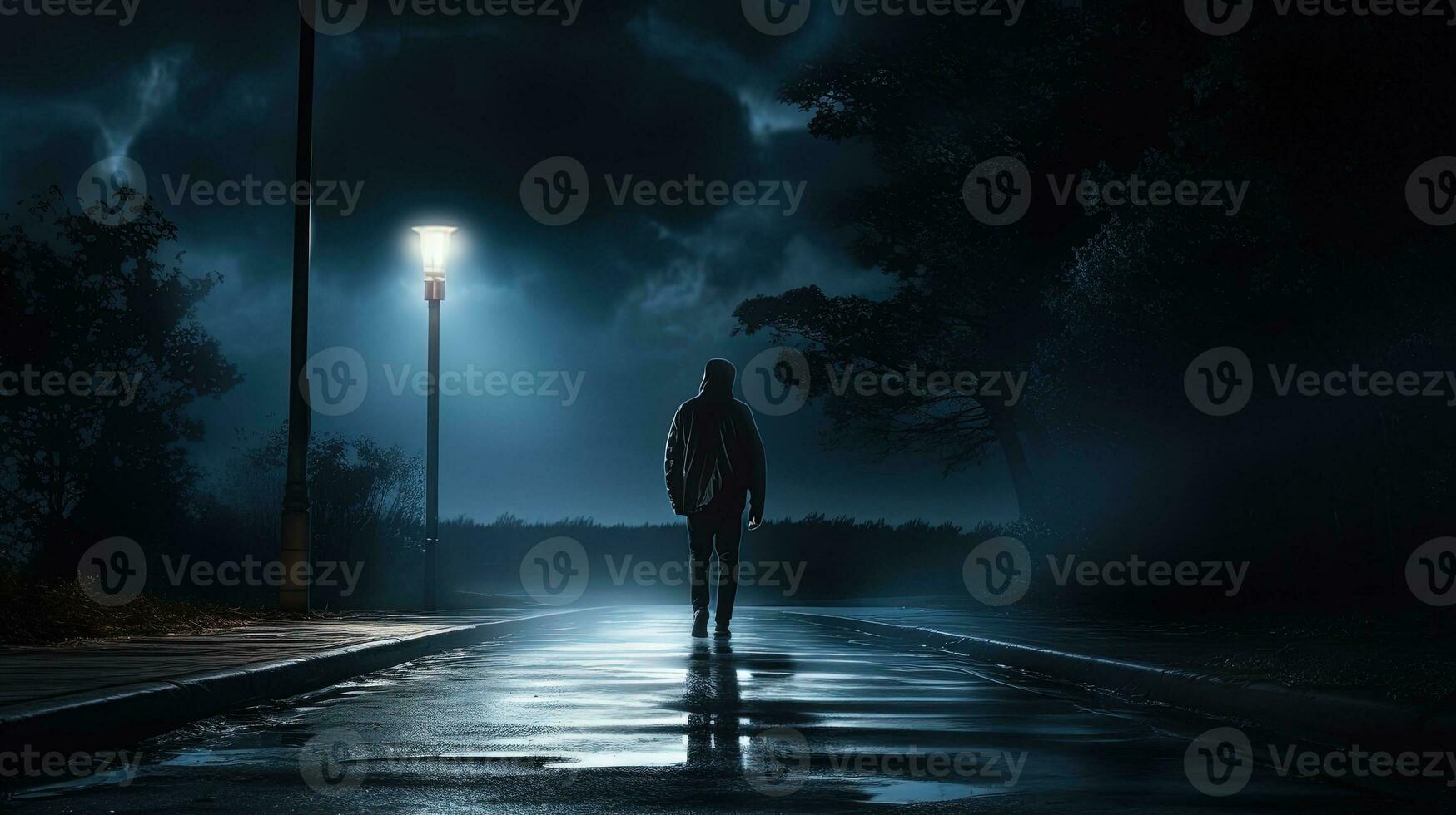 A man with a flashlight examines the road at night. silhouette concept photo