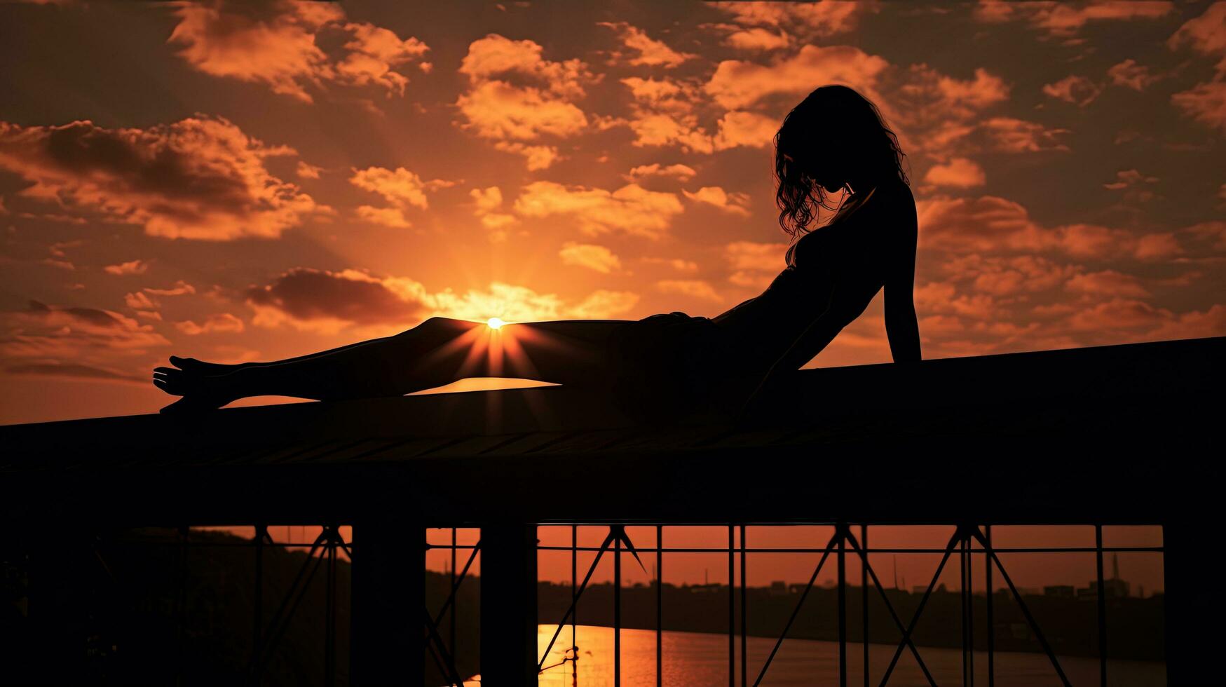 Girl laying on bridge s silhouette photo