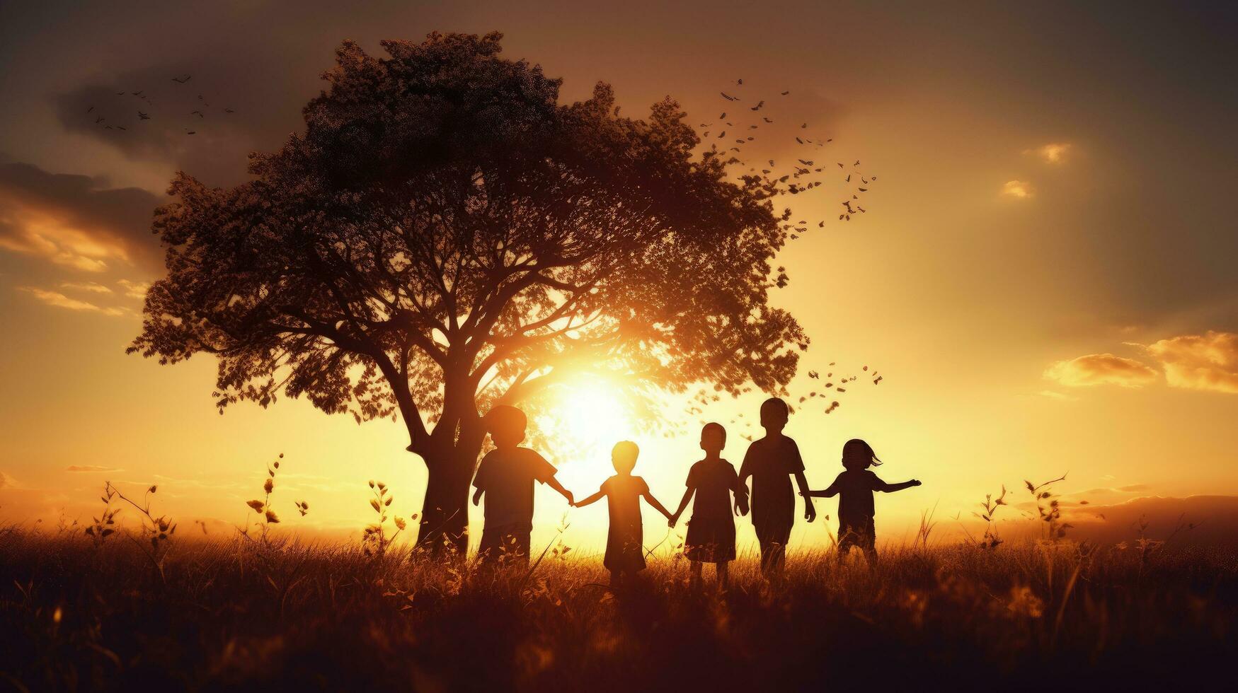 Children under tree on meadow happy silhouettes photo