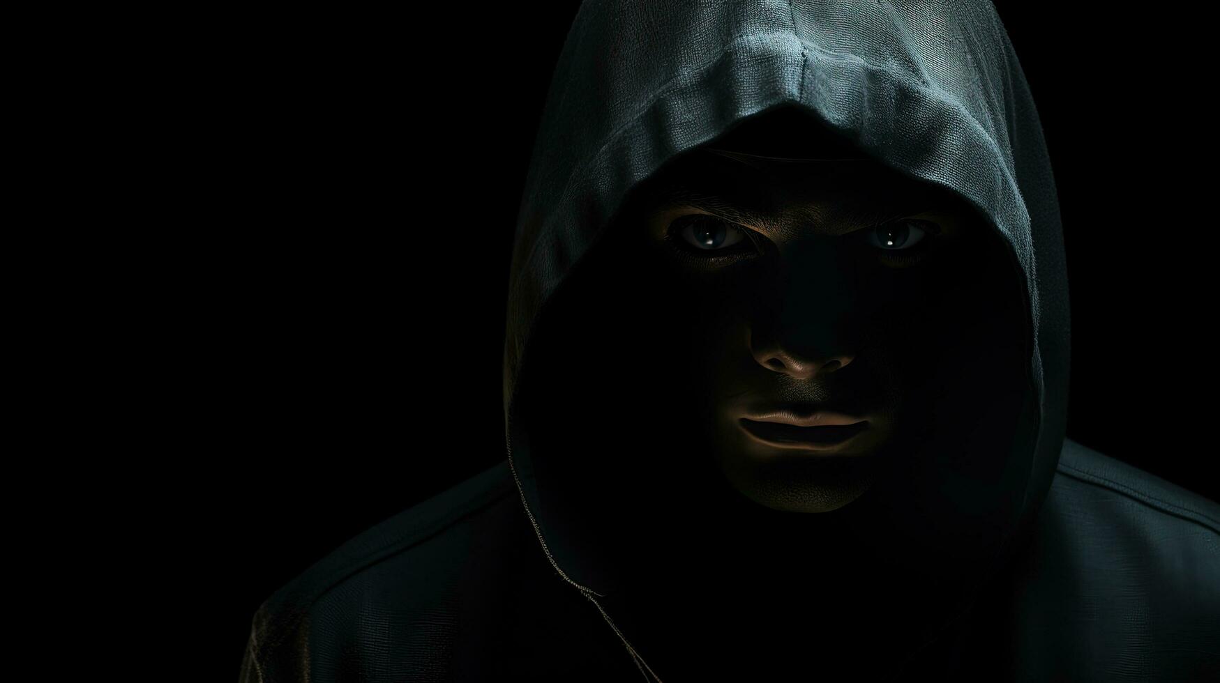 A frightening figure wearing a hood with sinister eyes and an empty face looking towards the camera. silhouette concept photo