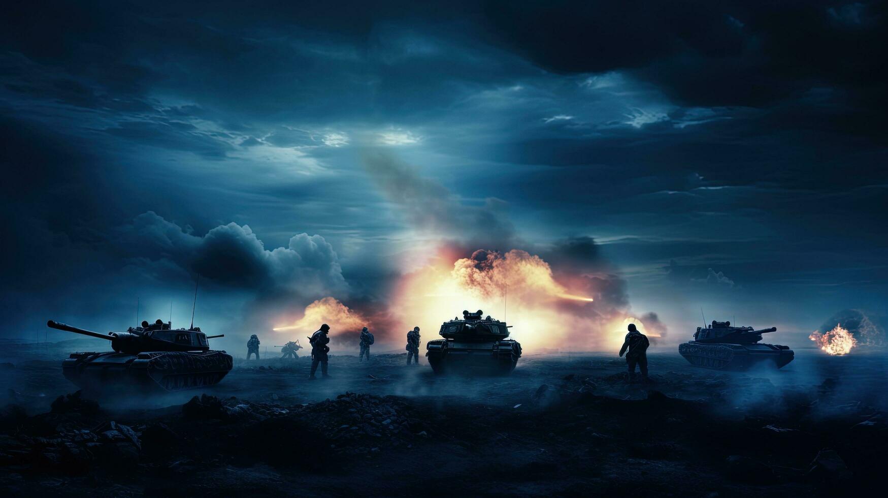 Foggy sky battle scene with German tanks and armored vehicles. silhouette concept photo