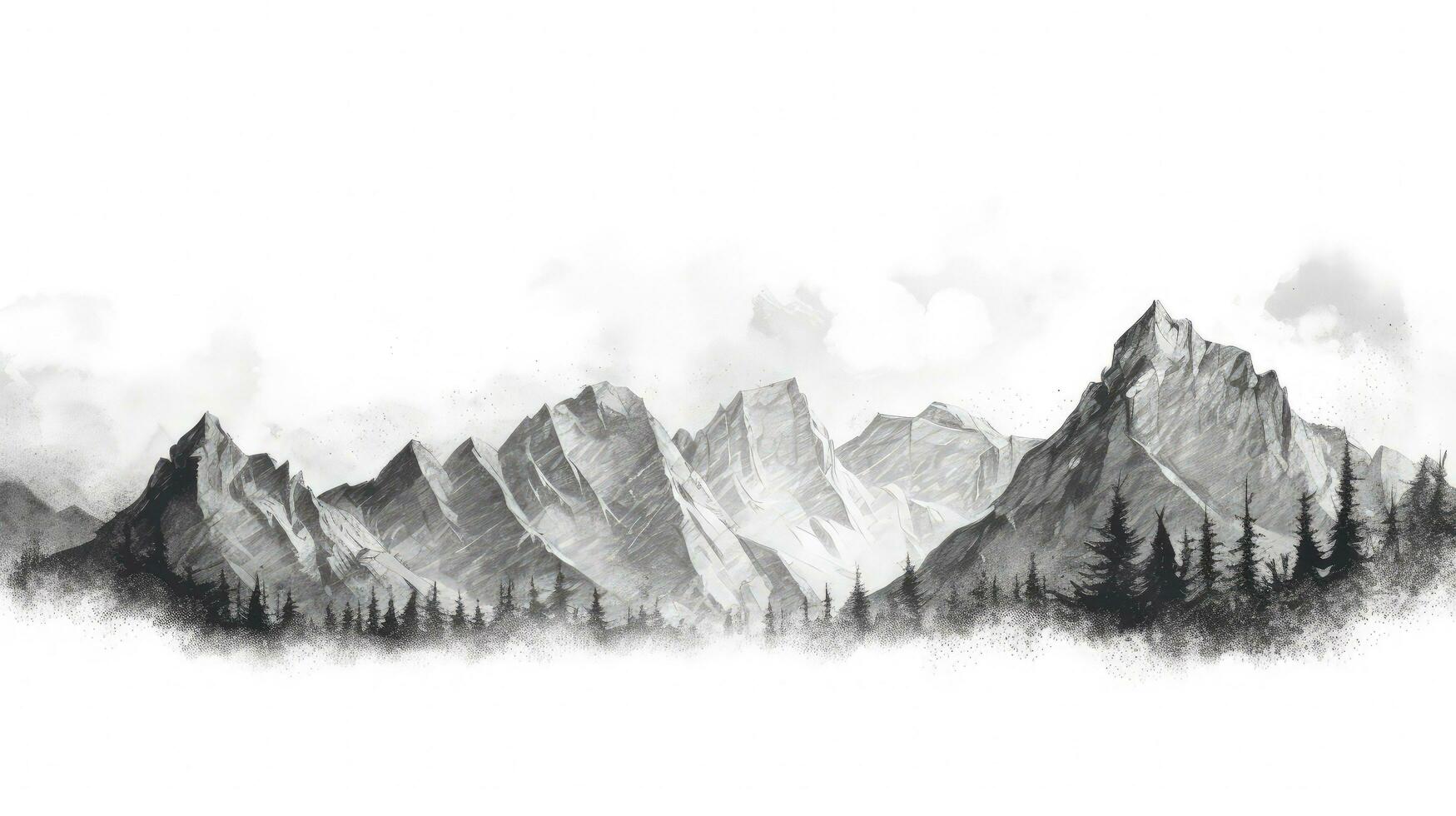 Black and white hand drawn pencil sketch of a mountain landscape with rocky peaks in a graphic style on a white background. silhouette concept photo