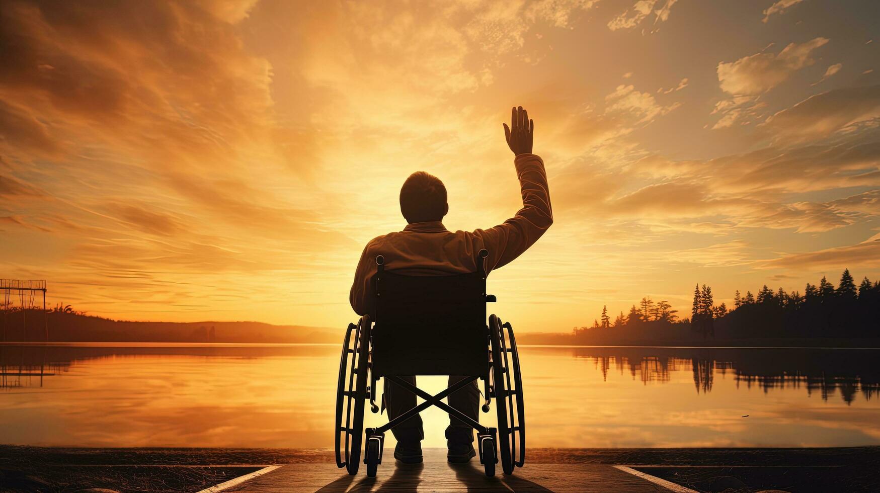 Man in a wheelchair with outstretched hands at sunset seen from behind. silhouette concept photo