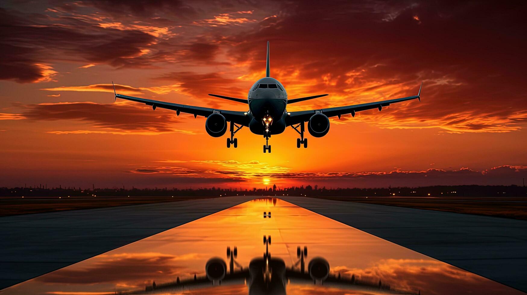 Airplane arrives flying low with scenic sunset backdrop. silhouette concept photo