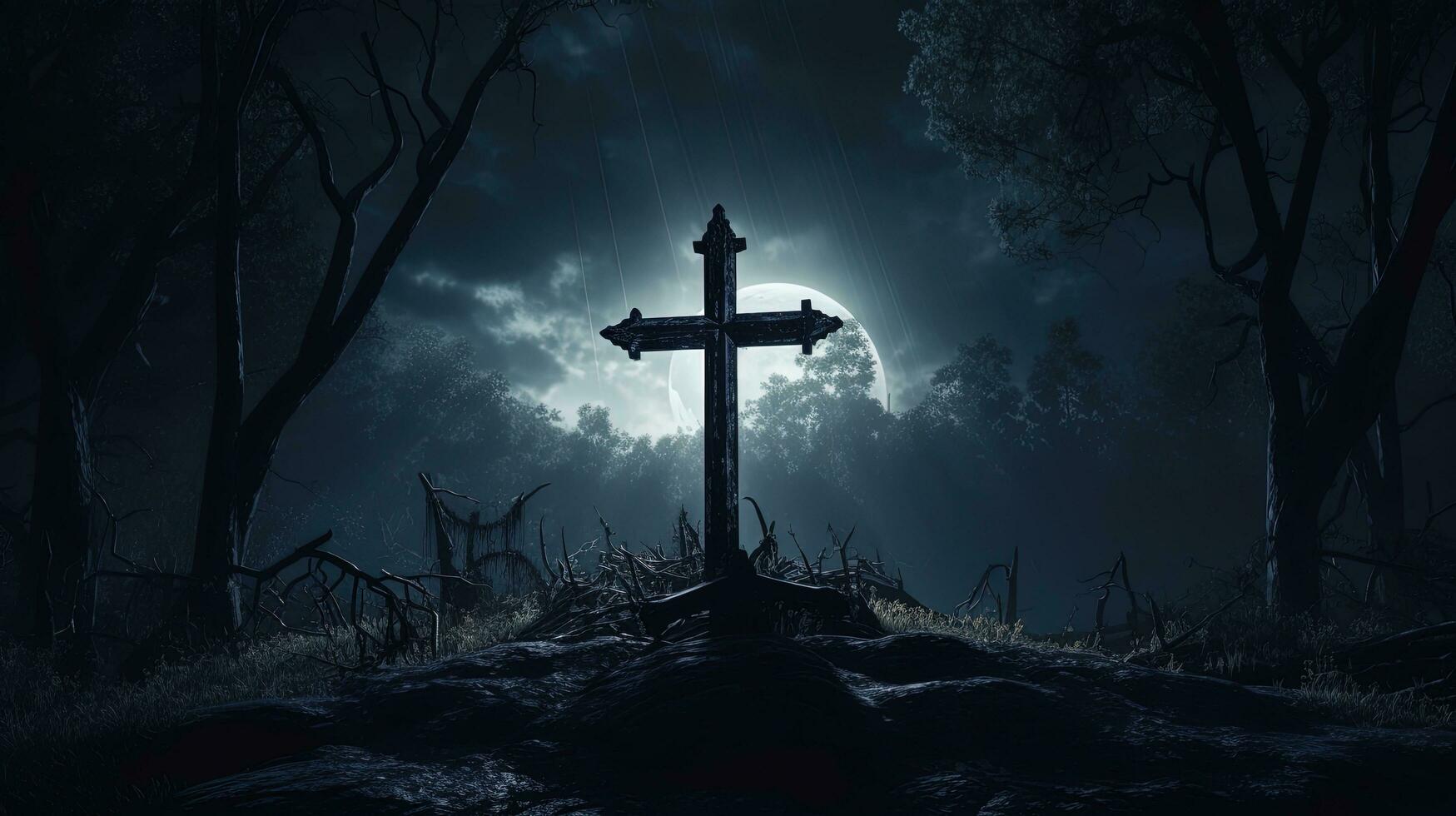 Moonlit cemetery with a cross. silhouette concept photo