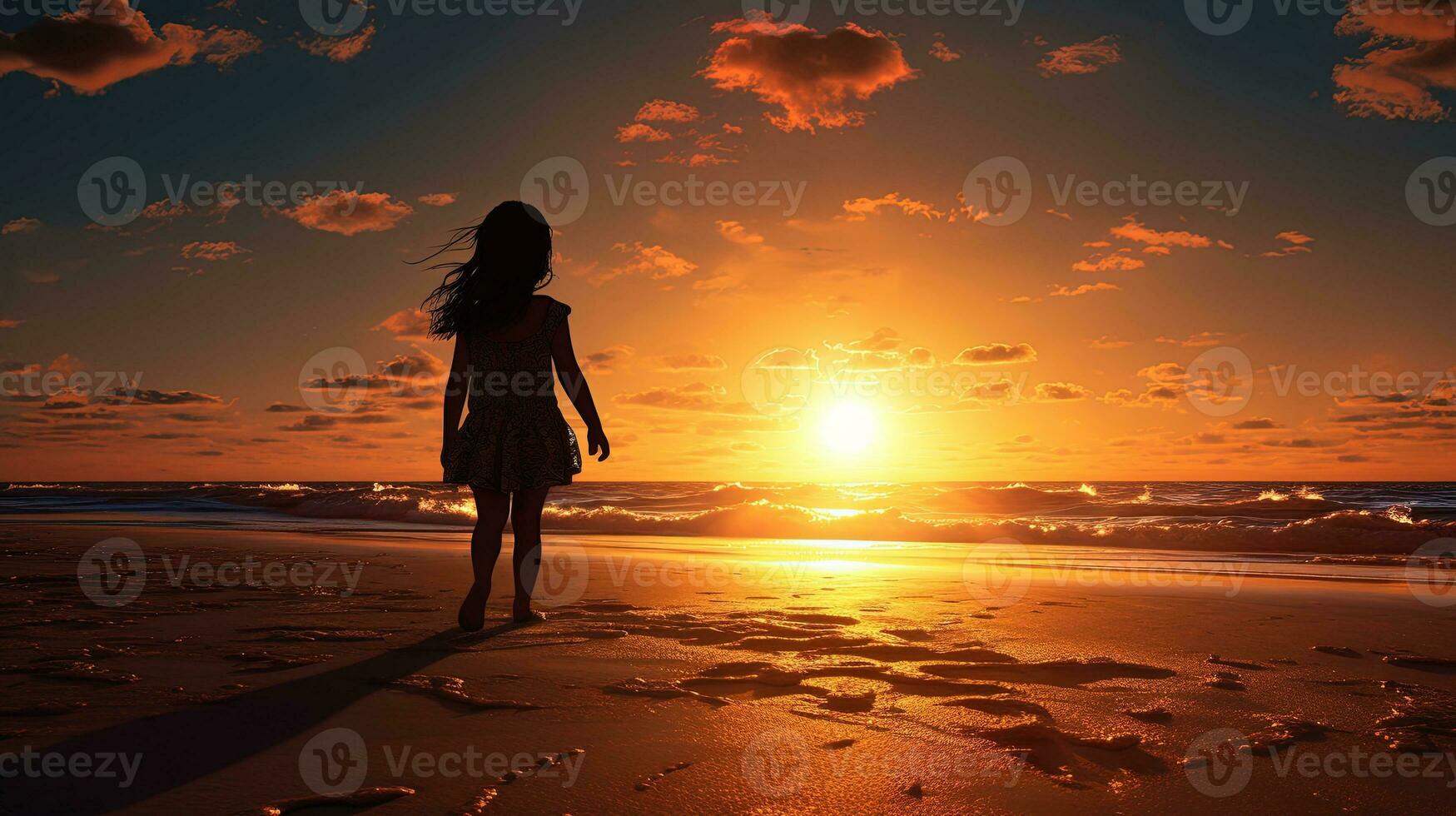 Girl child observing the sunset by the beach. silhouette concept photo