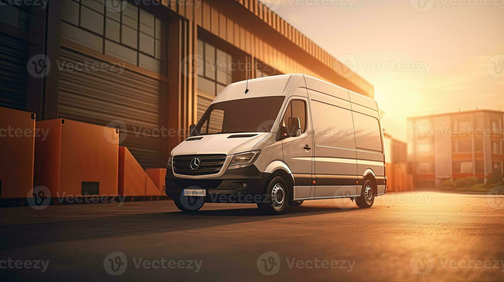 Cargo bus waiting for loading at logistic center while delivery minivan prepped for route. silhouette concept photo