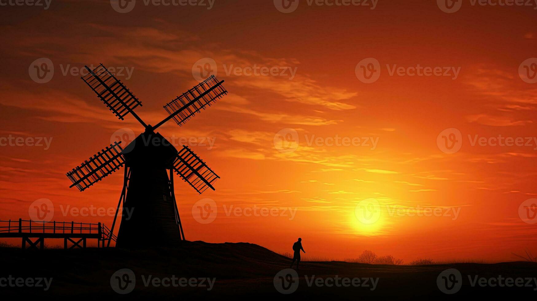 Windmill silhouette at sunset old fashioned style photo