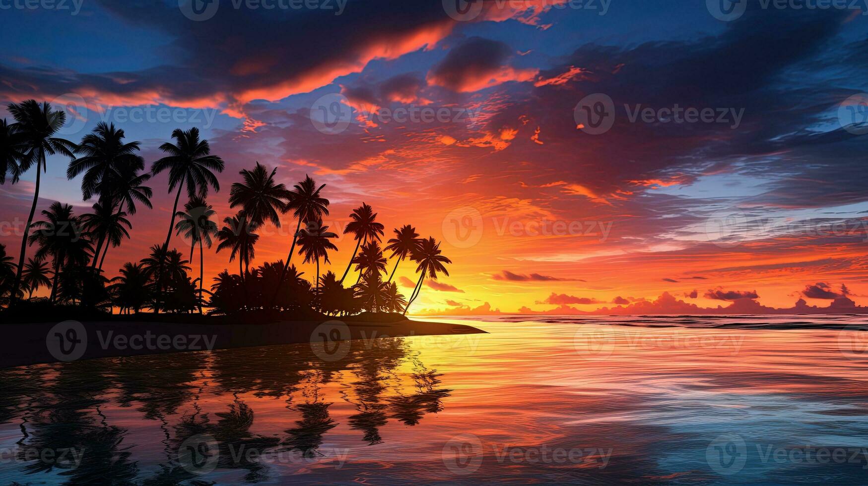 Palm trees silhouetted against a sunset on a tropical beach photo
