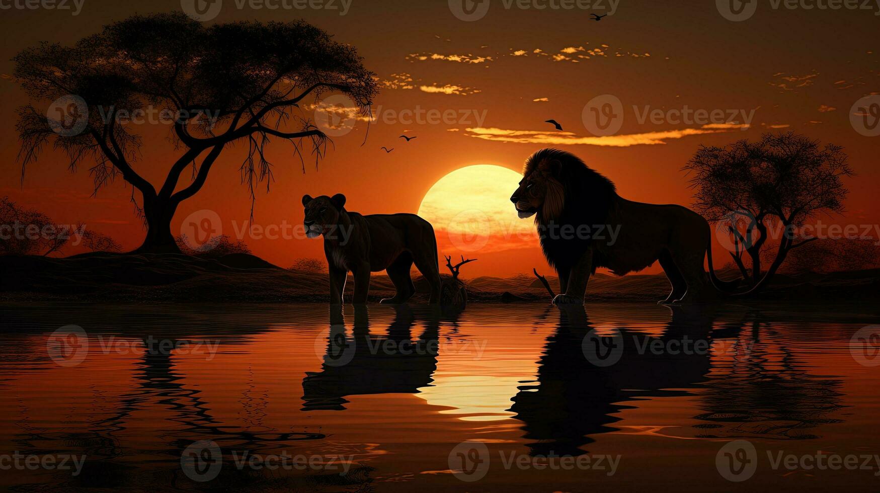 Lions silhouette reflected in water during African safari photo