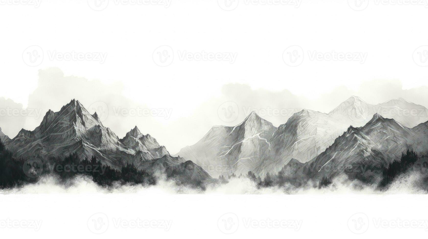 negro y blanco mano dibujado lápiz bosquejo de un montaña paisaje con rocoso picos en un gráfico estilo en un blanco antecedentes. silueta concepto foto