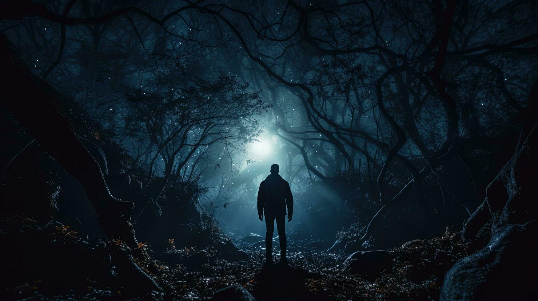 male in sinister enchanted woodland during nighttime. silhouette concept photo