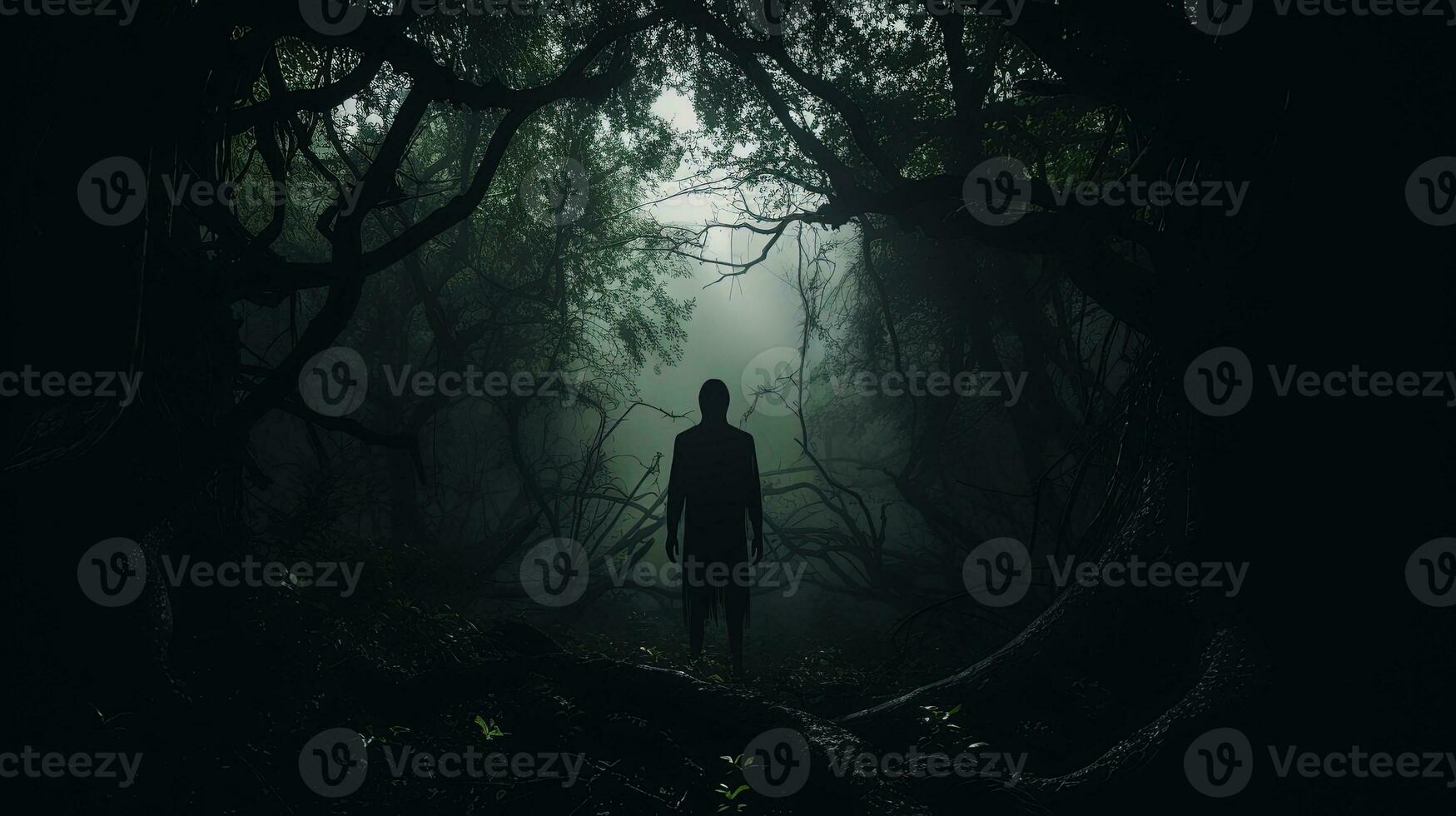 Siniestro figura en vago bosque. silueta concepto foto