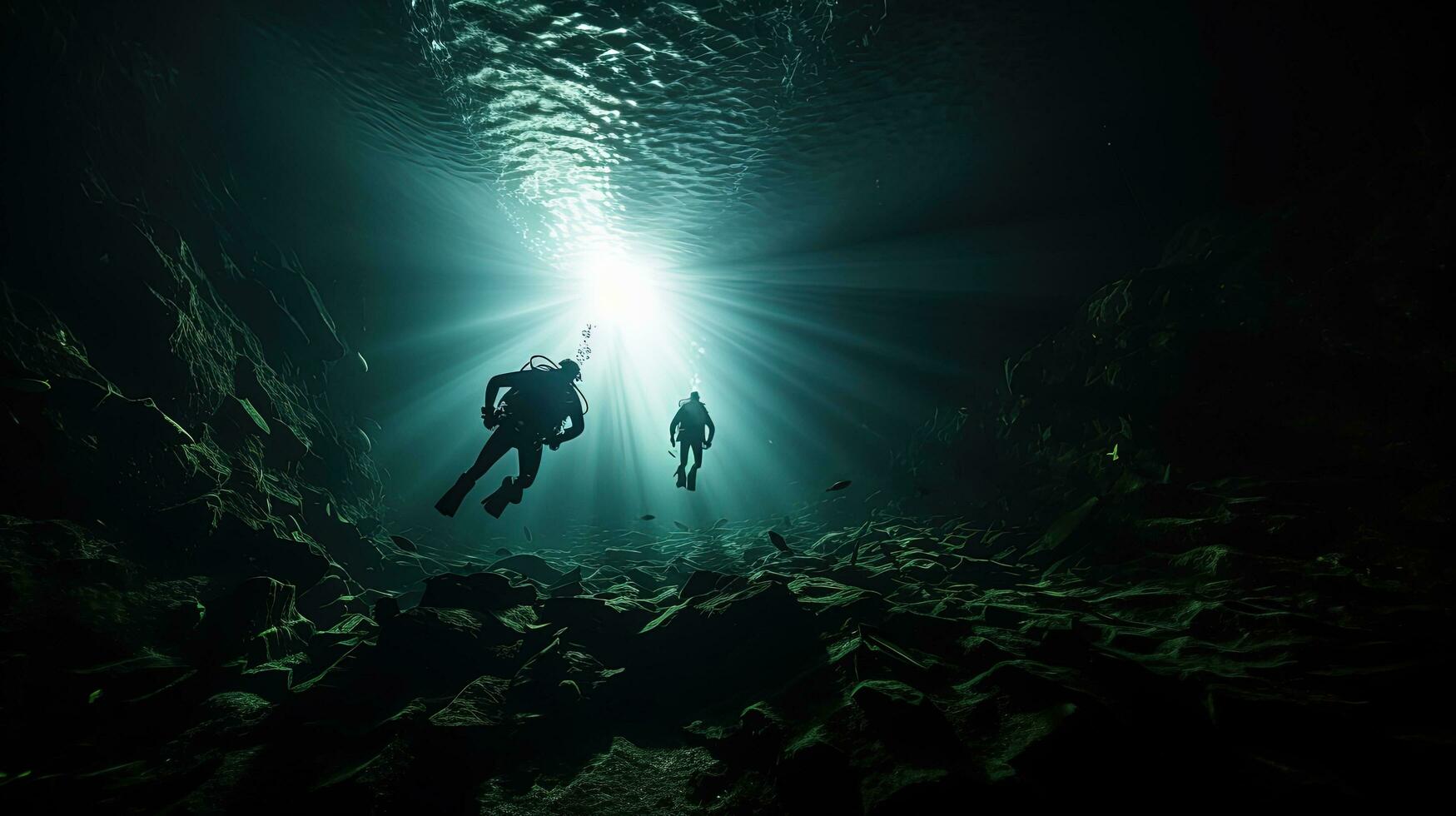 Divers investigating a tunnel. silhouette concept photo