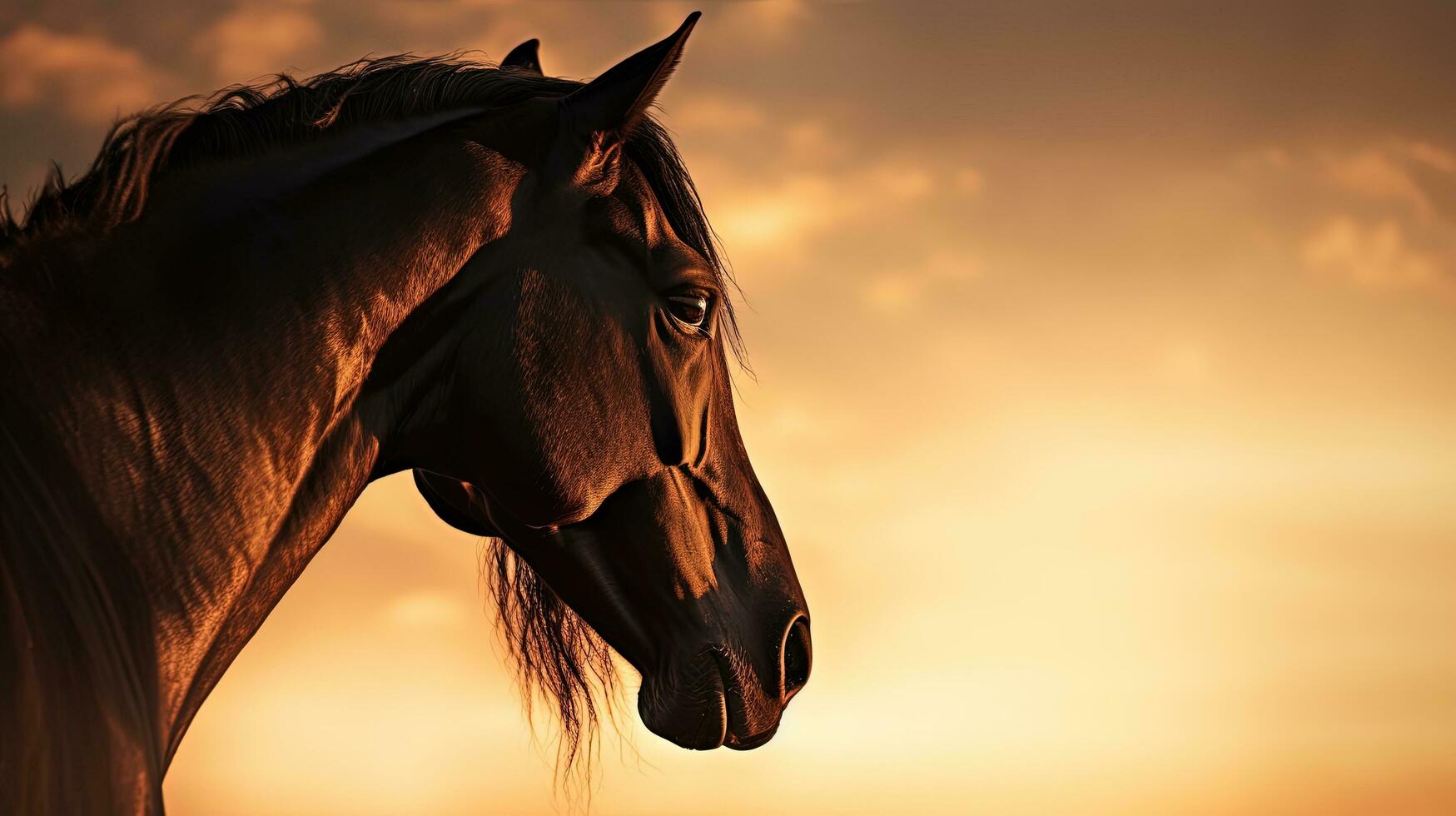 caballo s cabeza en puesta de sol s brillo. silueta concepto foto