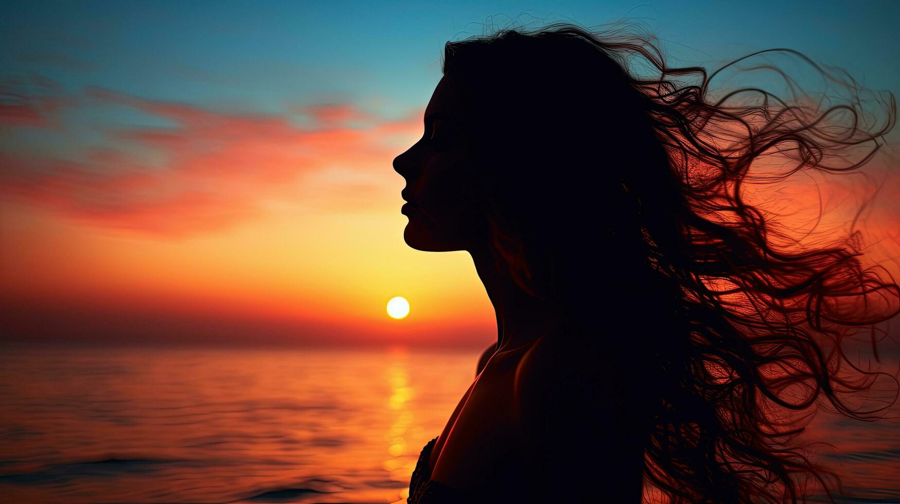 Young woman s silhouette against a sunset over the sea photo