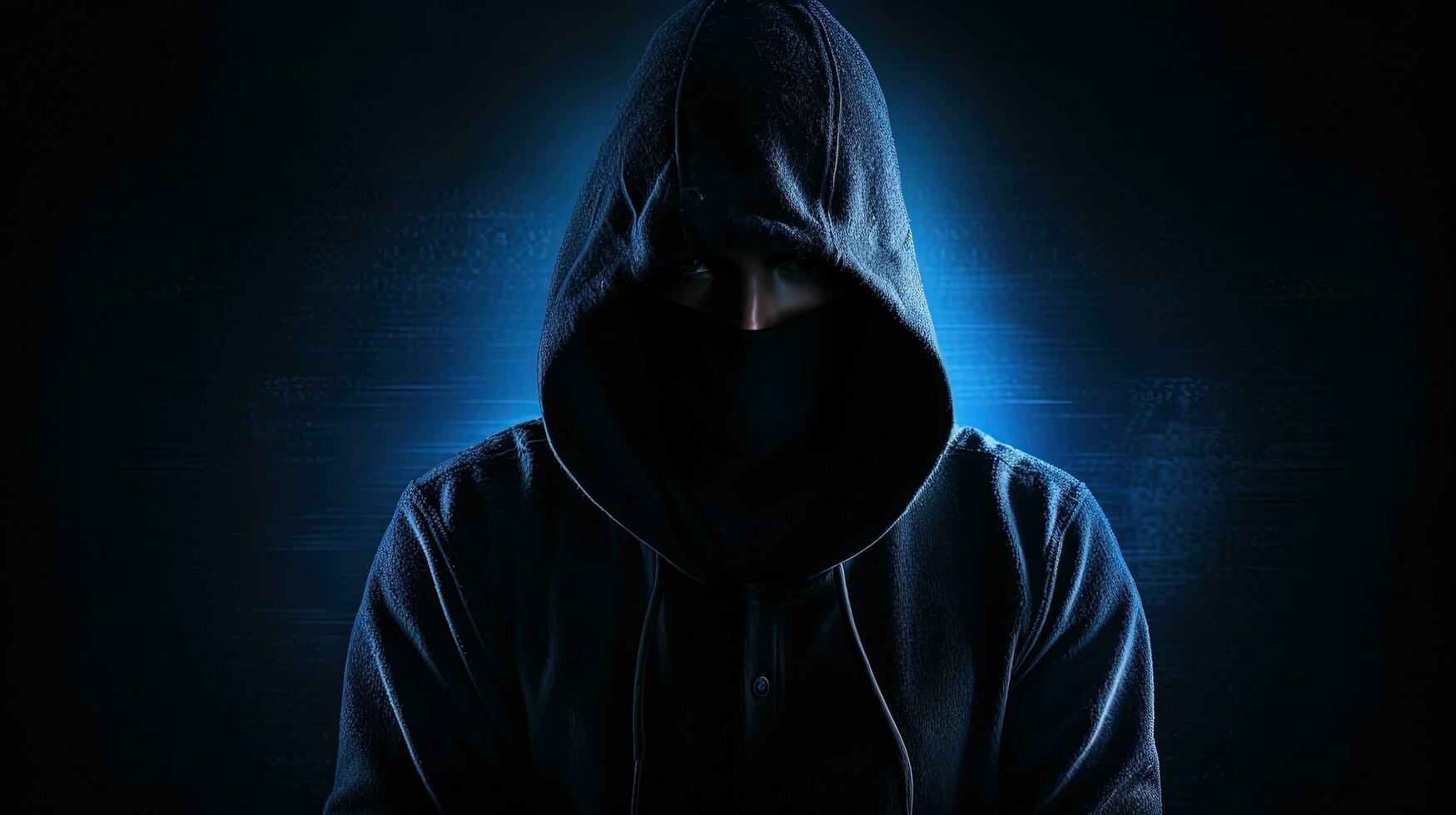 Unrecognizable figure in dark blue hoodie concealed face arms crossed solitary in darkness. silhouette concept photo