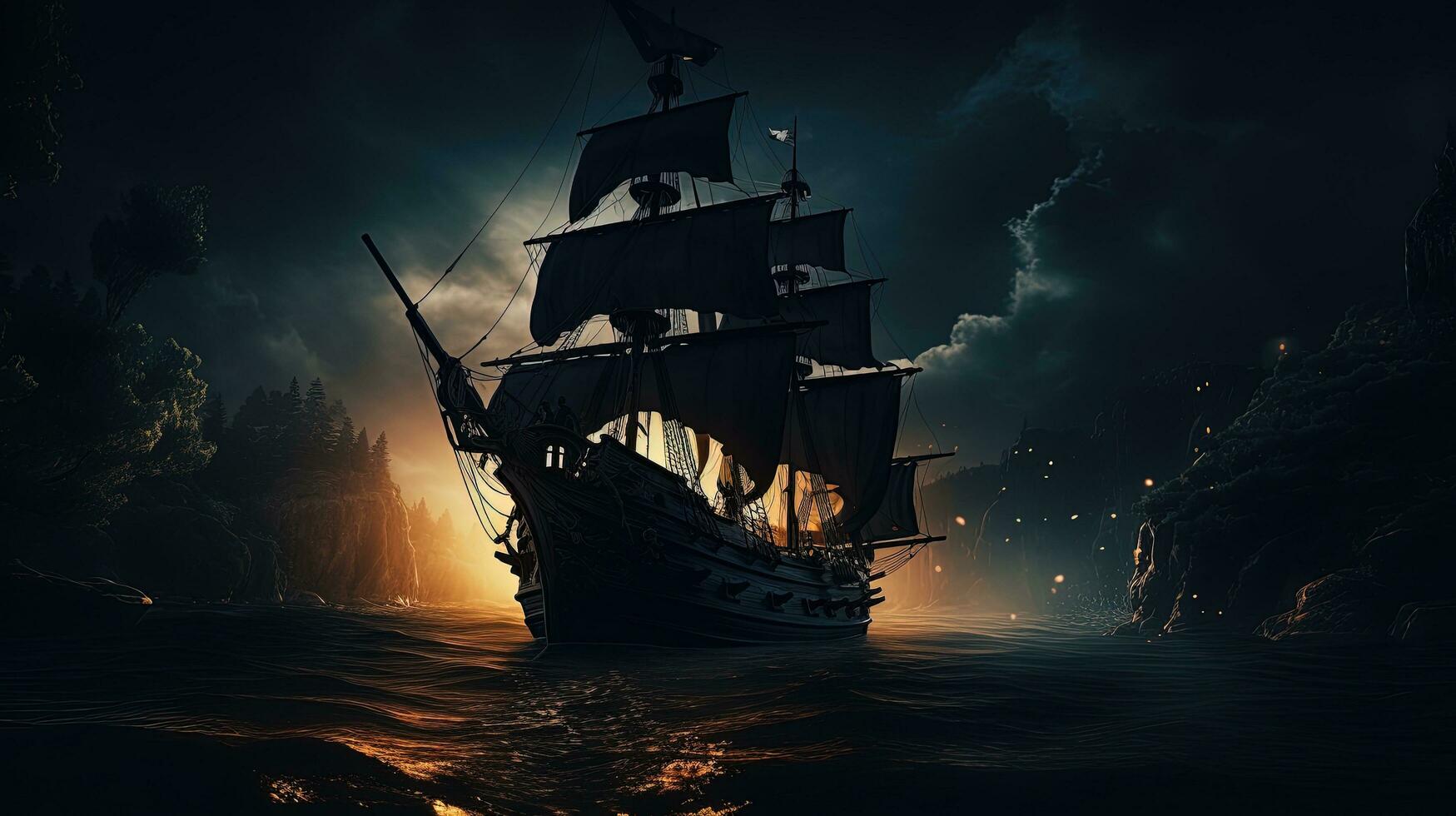 Silhouette of pirate ship at night with mysterious sea light photo