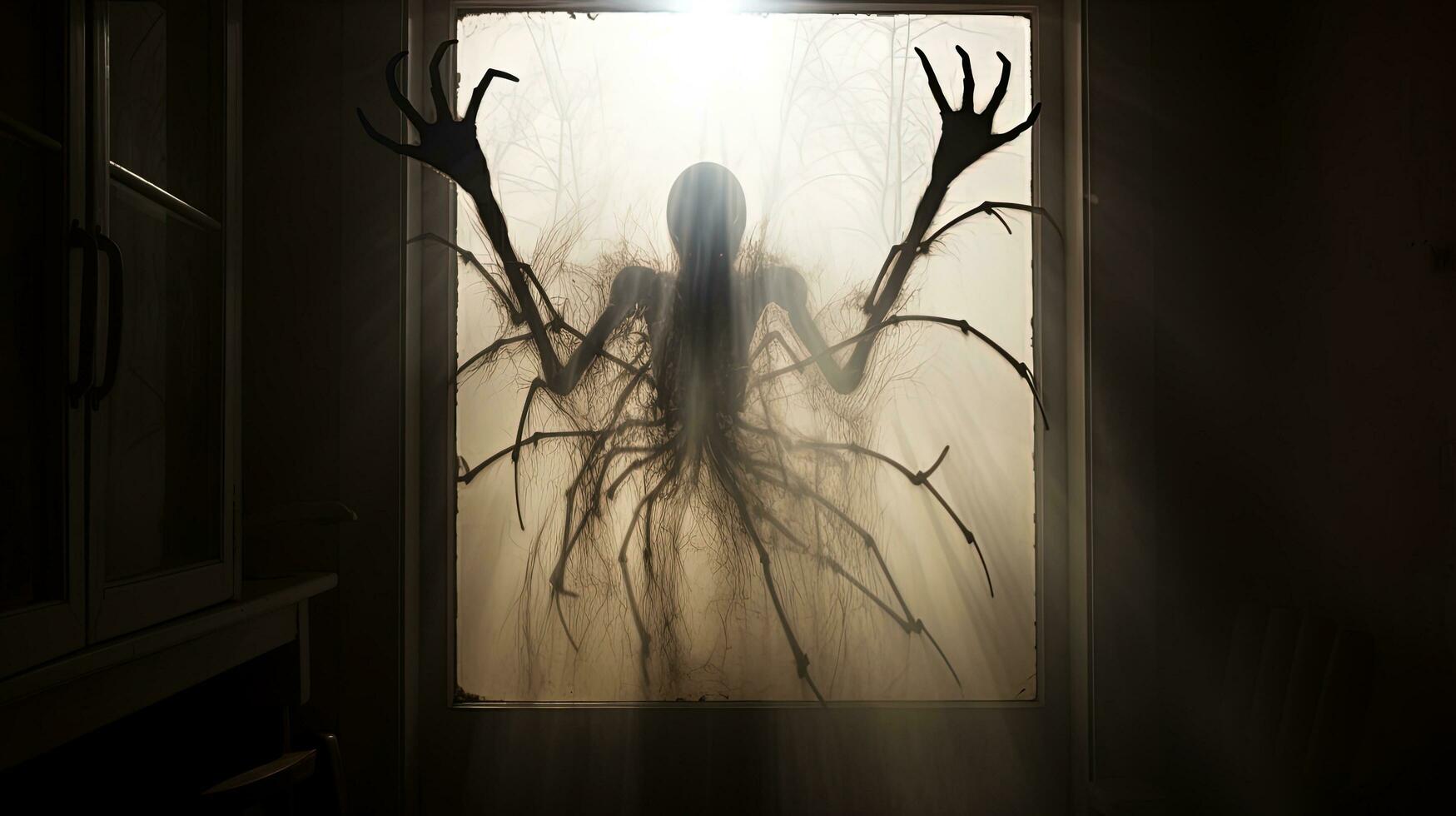 Terrifying creature behind a dirty glass with long claws. silhouette concept photo