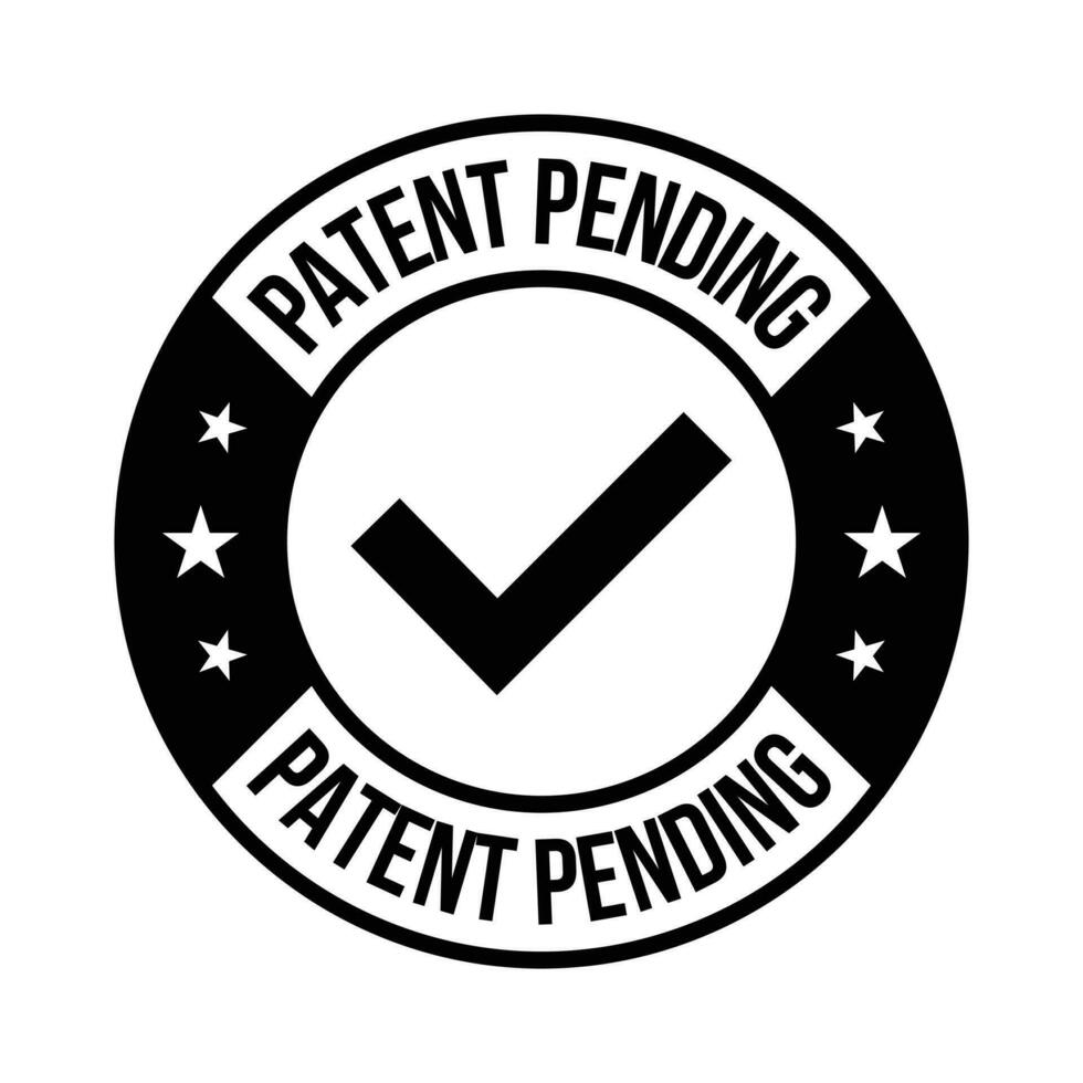 patentar pendiente insignia, caucho estampilla, patentado pendiente etiqueta, pendiente icono, logo, retro, antiguo, con garrapata marca y cheque marca emblema, patentar aplicado icono, intelectual propiedad vector ilustración