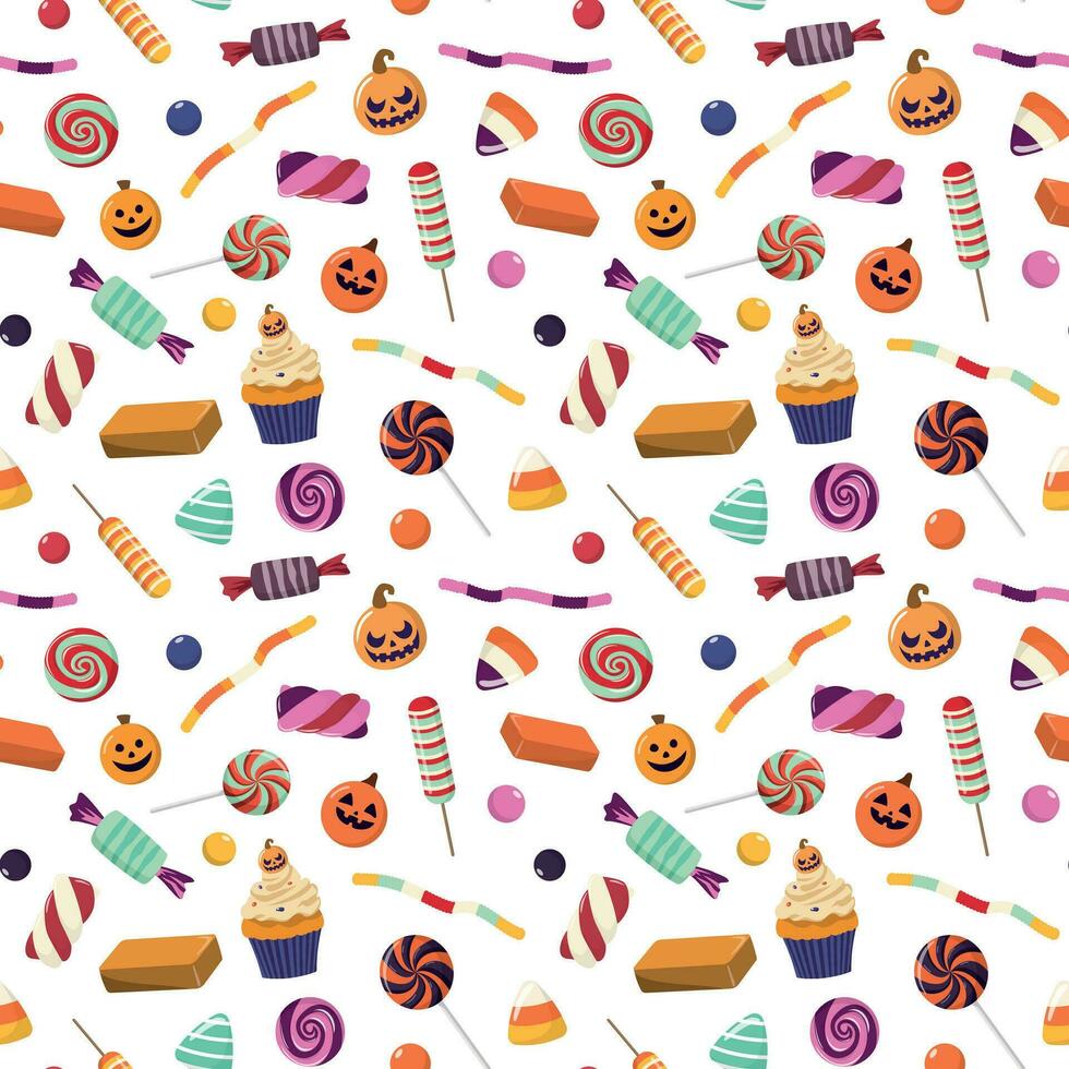 Halloween sweets pattern. Vector background with Halloween candies. Many types of spooky desserts. Isolated on white background. Hand drawn delicious sweets.