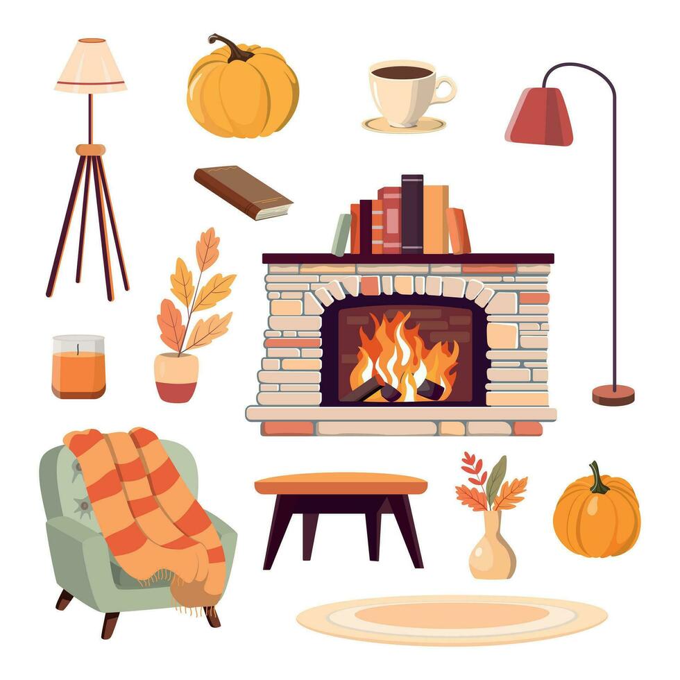 Cute hygge elements collection. Vector illustration. Decor for cozy autumn room. Isolated on white background
