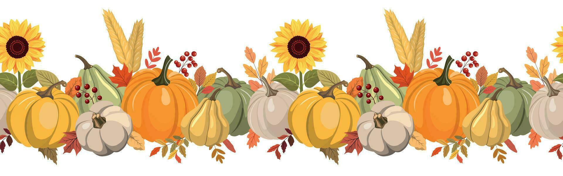 Cute autumn color pumpkins, berries, and leaves horizontal seamless pattern. Isolated on white background. Seasonal fall banner design for greeting or promotion. vector