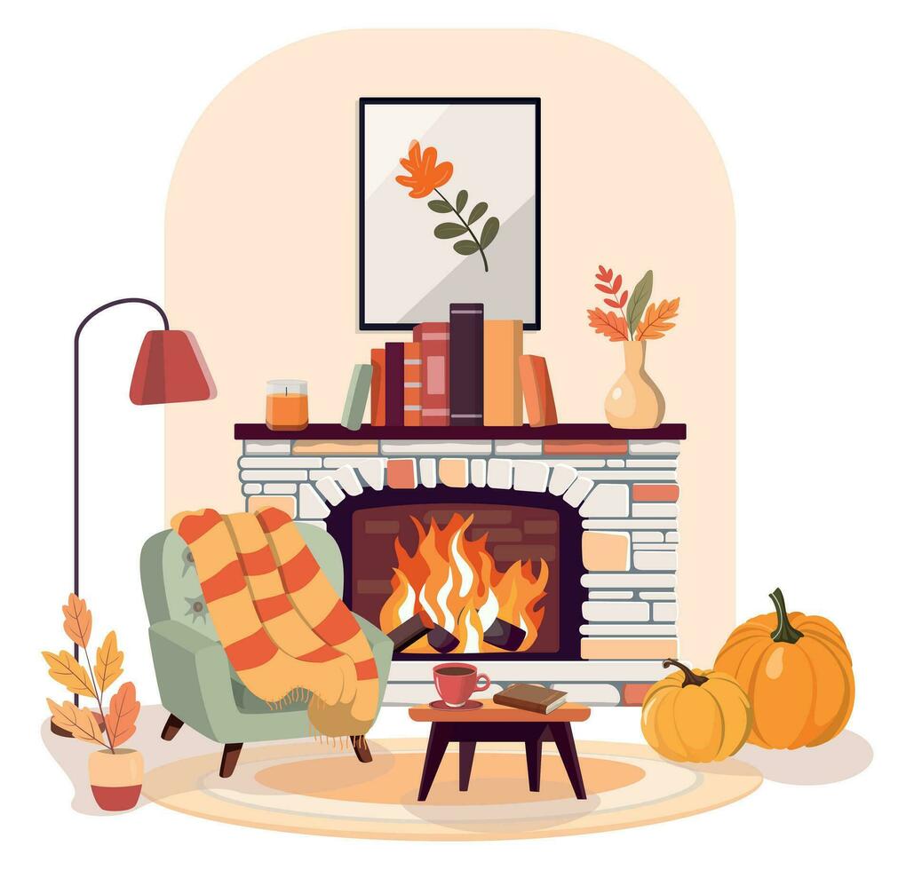 Vector illustration of a cozy autumn living room with fireplace, a armchair, and a lamp. Flat color vector illustration. Inside residential house. Carpet on floor. Furnished mansion.
