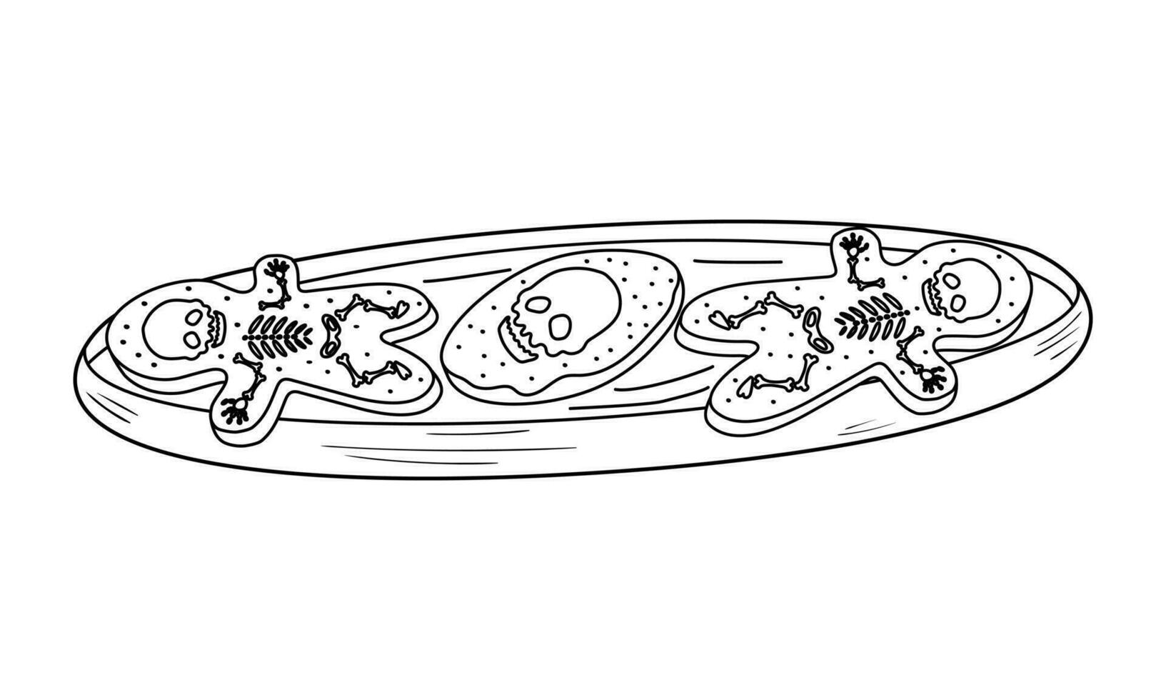 Hand drawn simple doodle plate with shortbread Day of the Dead cookies. Dia de los Muertos cookies decorated with skull and skeletons. Isolated on white background. vector