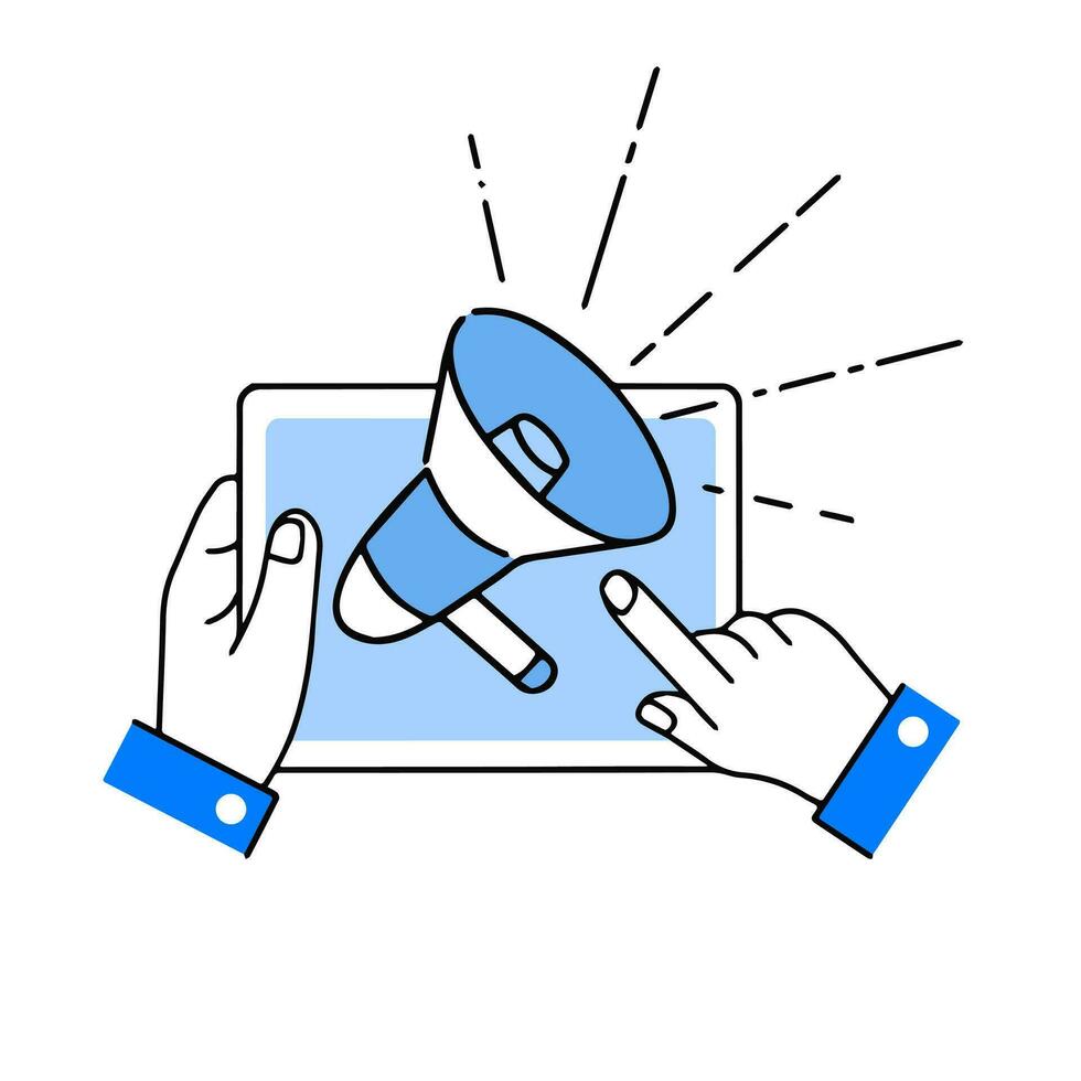 Notification and speaker. Megaphone icon on tablet in hands. Touchscreen gadget. Promotion and sale. Outline cartoon illustration vector