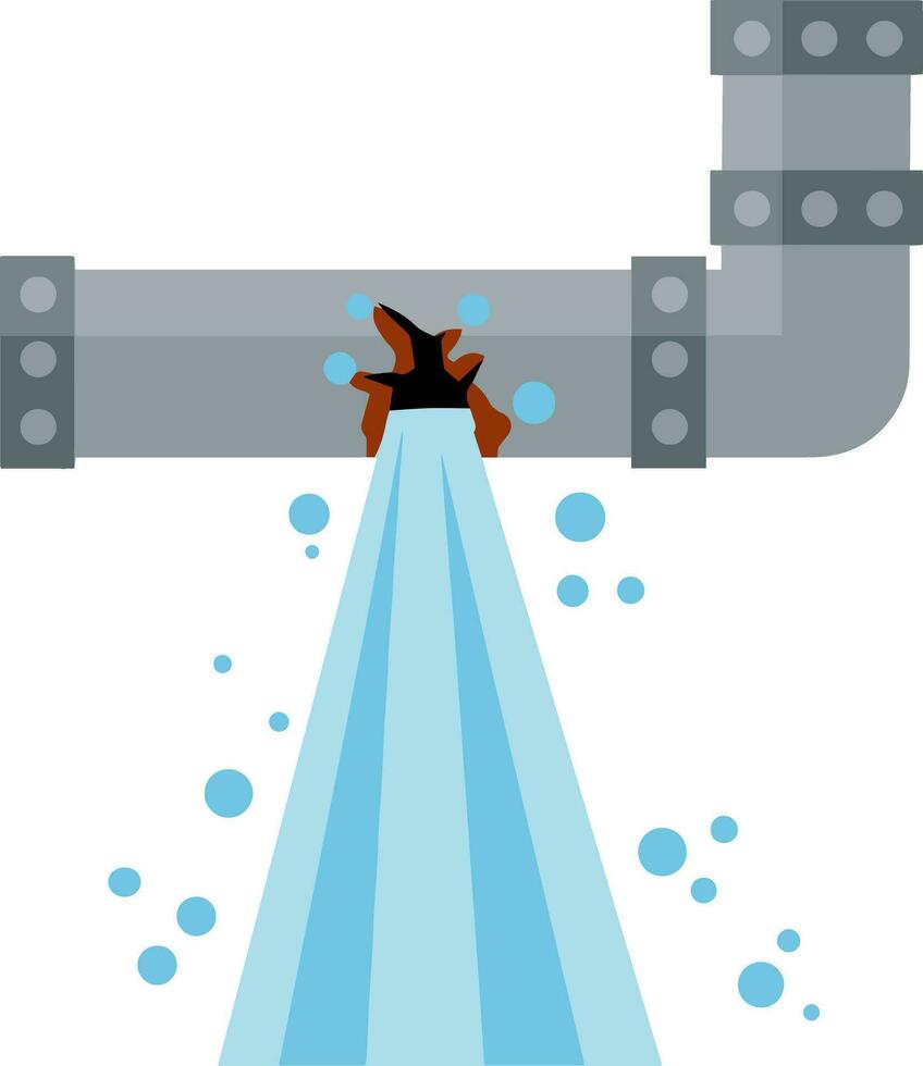 Steel pipe for water. Sewerage and water supply. Mechanical part. Kitchen tube. Home communication system. Cartoon flat illustration. Water leak, spill and blue drops. Broken part. vector