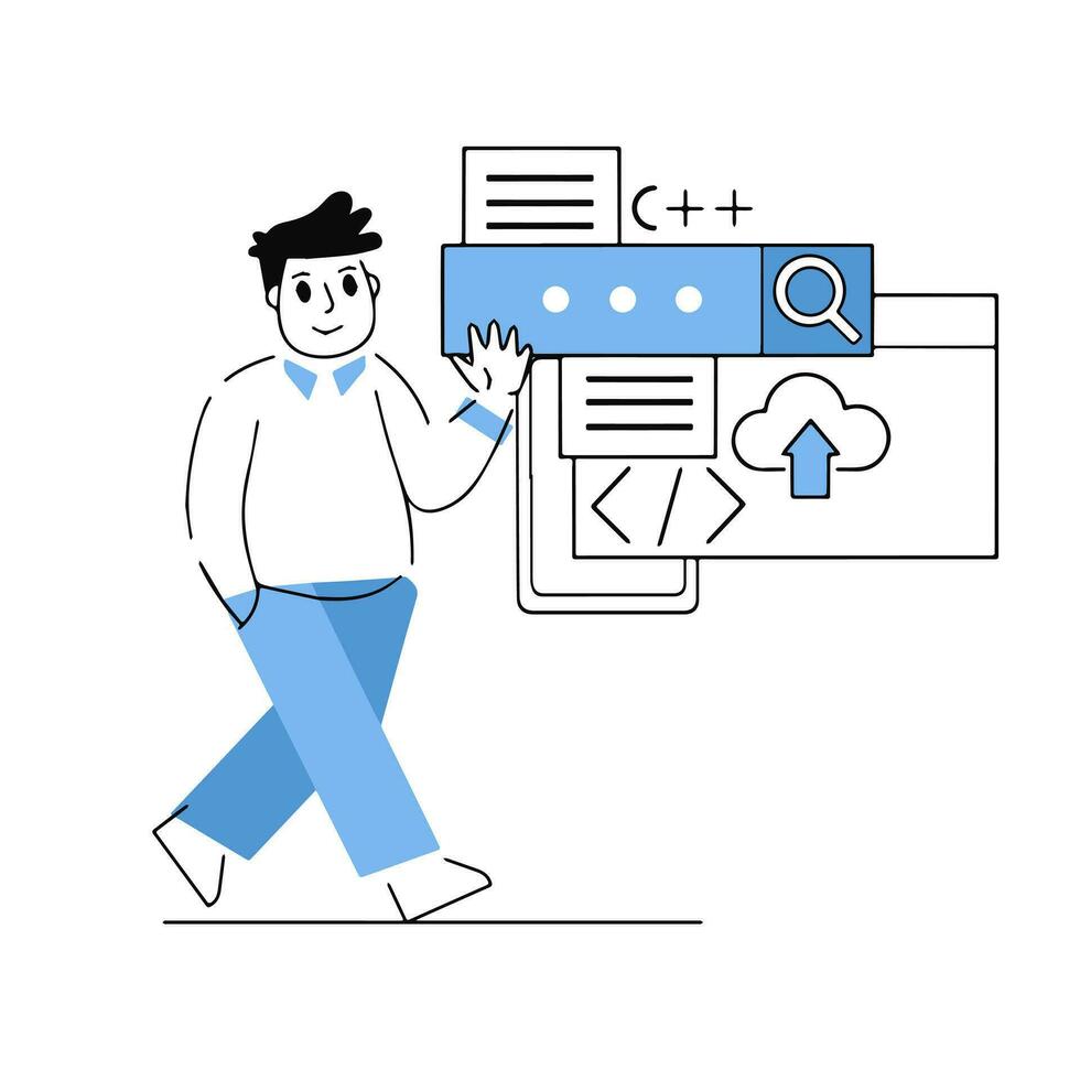 Programmer works with code and interface of application and website. Outline cartoon. Man web developer. Site template. Choosing Digital profession vector