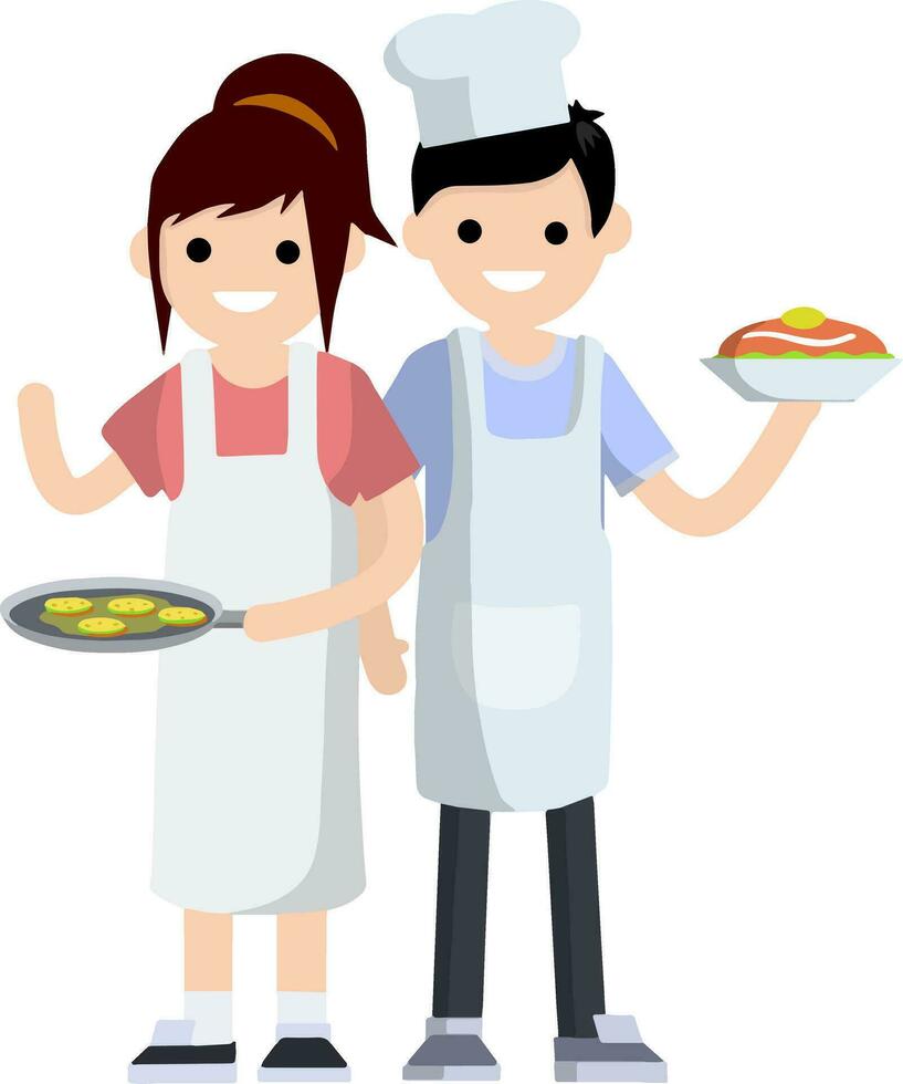 Woman in white apron holding frying pan with pancakes. Man preparing delicious Breakfast. Housewife at work. Cute smiling wife in kitchen. Cartoon flat illustration. Family couple. vector