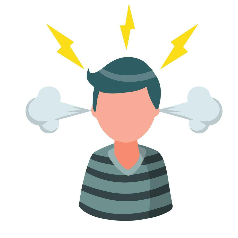 Stress. Bad emotion. Angry man. Steam from the ears and lightning in the head. Red face. Boy problems. Flat cartoon isolated on white background vector
