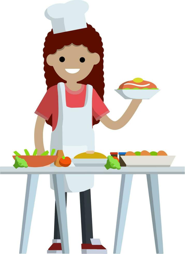 mujer cocinar participación plato de alimento. trabajo como cocinero en restaurante. mesa con bandejas de Fruta y vegetales. elemento de el cocina. plano dibujos animados vector