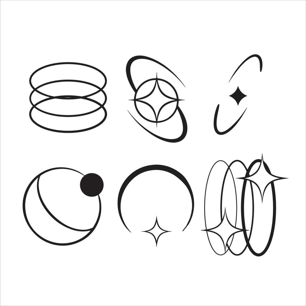 Y2K stars, starburst and retro futuristic graphic set. Collection of Trendy brutal rounded ring collection vector