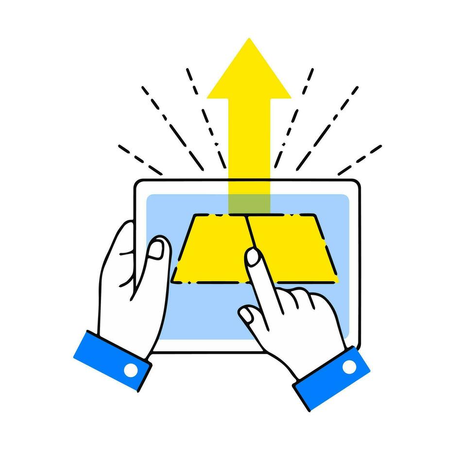 Rising gold prices. Business analysis of precious metal. Investment on stock exchange. Online application in tablet in hands. Gold bar. Outline cartoon illustration vector