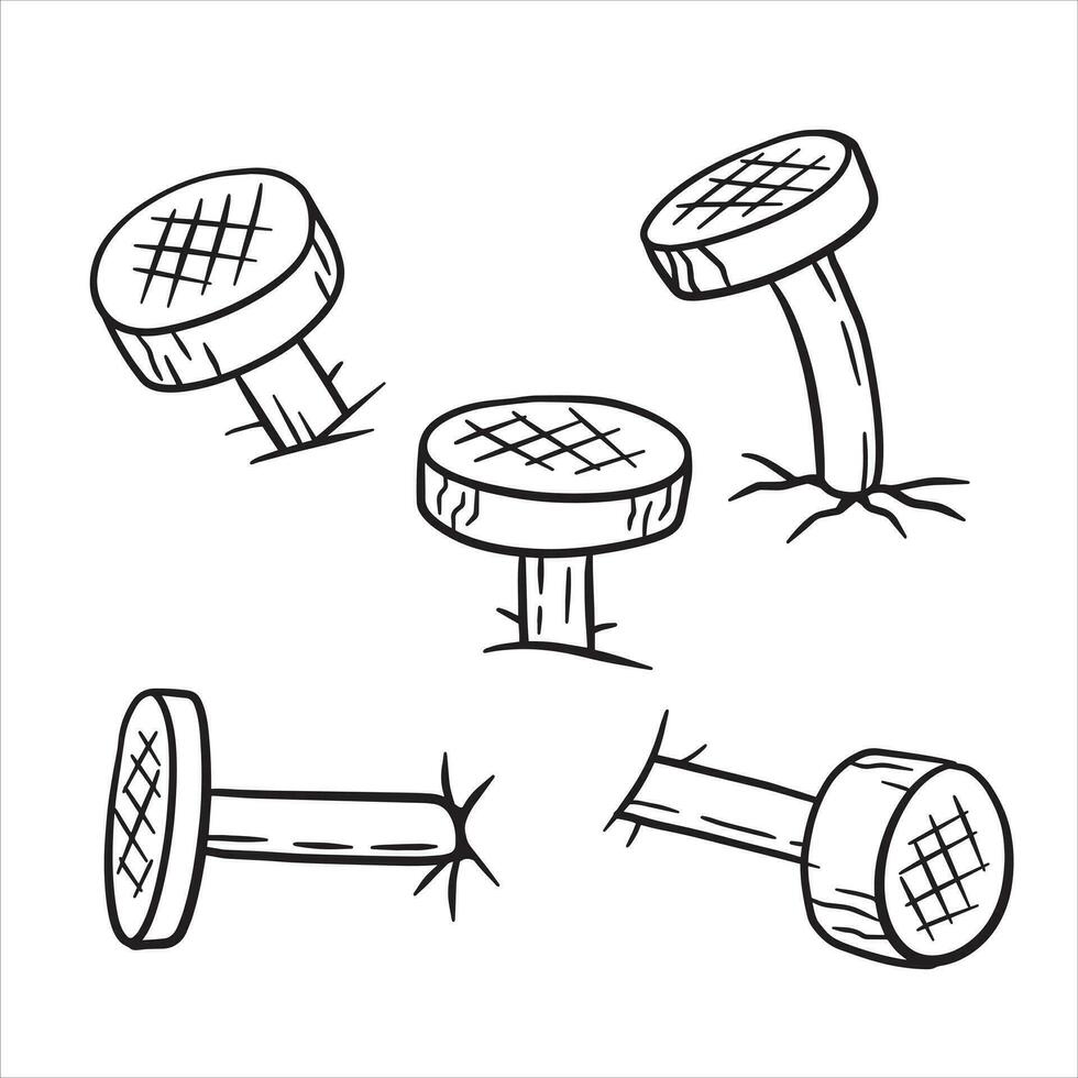 dibujos animados doblado clavos. conjunto de aislado acero construcción metal carpintería uña aislado en blanco antecedentes. bosquejo ilustración vector