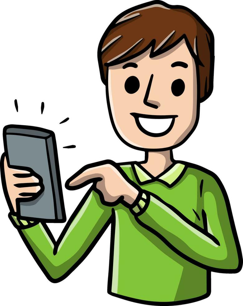 Man with mobile phone. Cartoon hand drawn sketch illustration. Young guy with modern device. Happy character vector