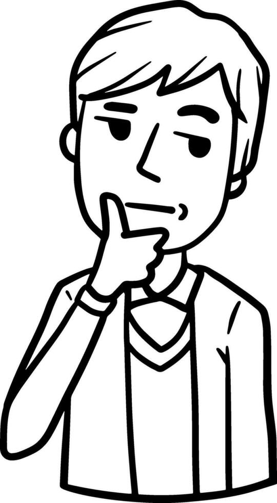 Young thoughtful man holds hand to chin. Dreamy and pensive guy. Gesture of doubt. Complex issue. Solve problems. Suspicion and distrust. Cartoon hand drawn sketch. brooding and wistful emotion vector