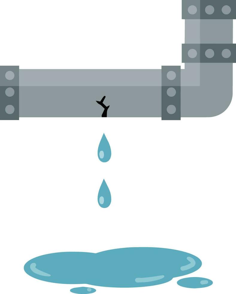 Steel pipe for water. Sewerage and water supply. Mechanical part. Kitchen tube. Home communication system. Cartoon flat illustration. Water leak, spill and blue drops. Broken part. vector