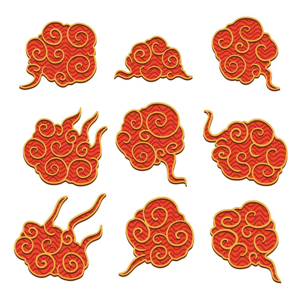 Red Gold Asian Chinese Clouds. Traditional retro ornaments in chinese, korean and japanese oriental style. Elements of Chinese New Year and Mid Autumn Festival isolated on white background vector